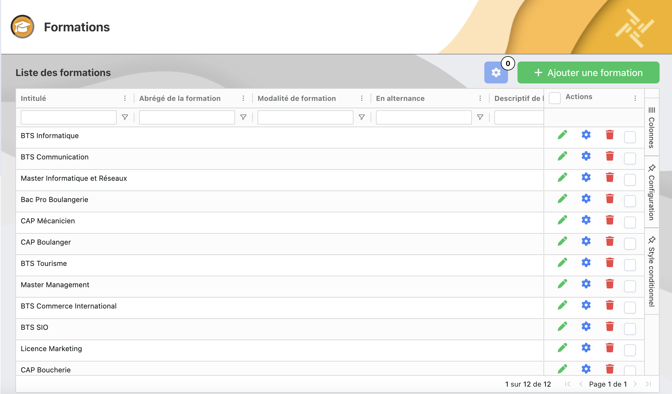 Page Liste des formations avec le bouton Ajouter une formation et la colonne Actions