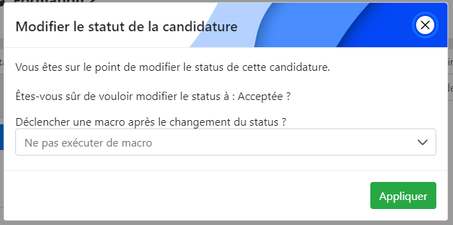 Fenêtre de confirmation du changement de statut d'une candidature