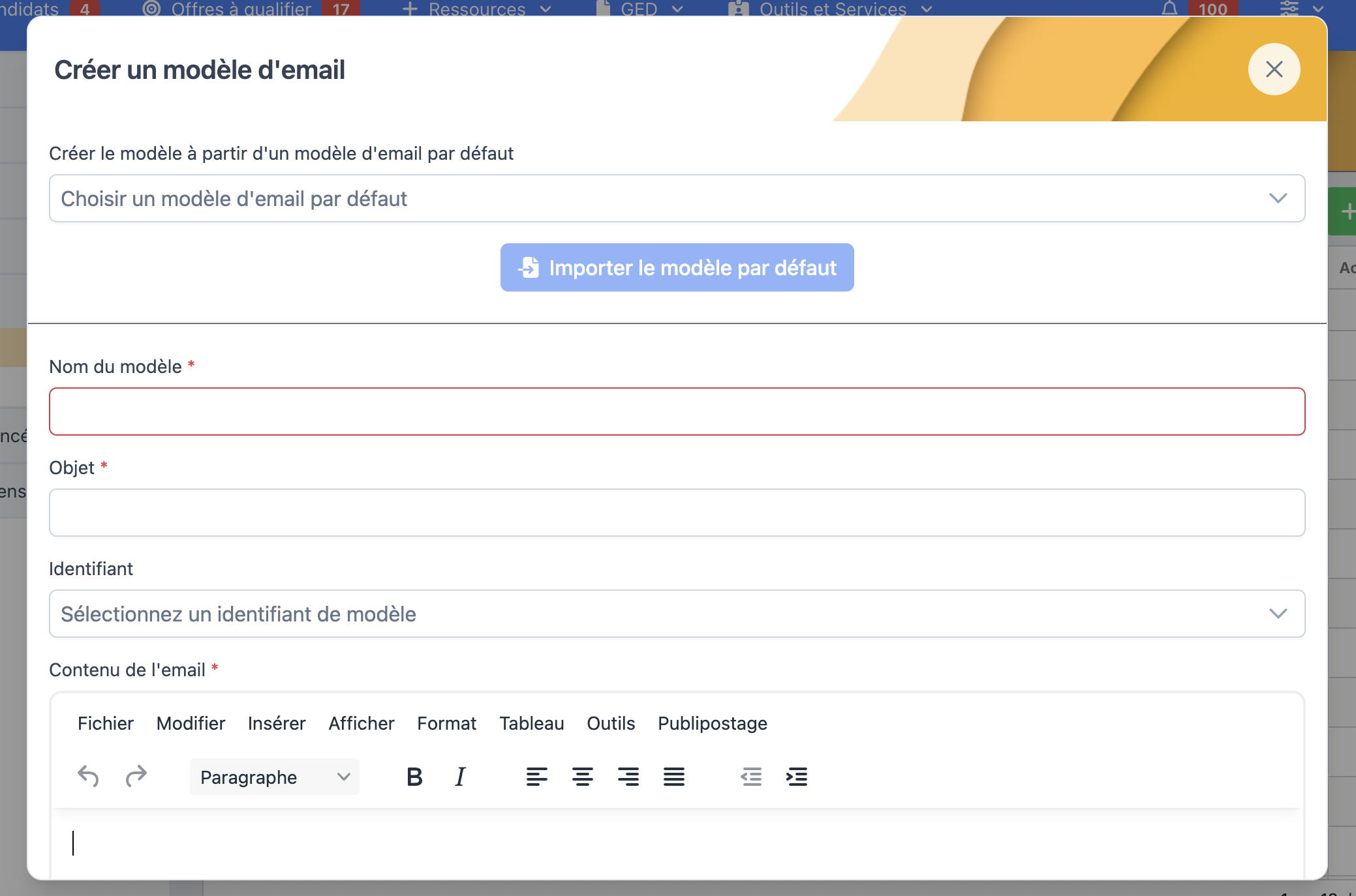 Fenêtre de création d'un modèle d'email