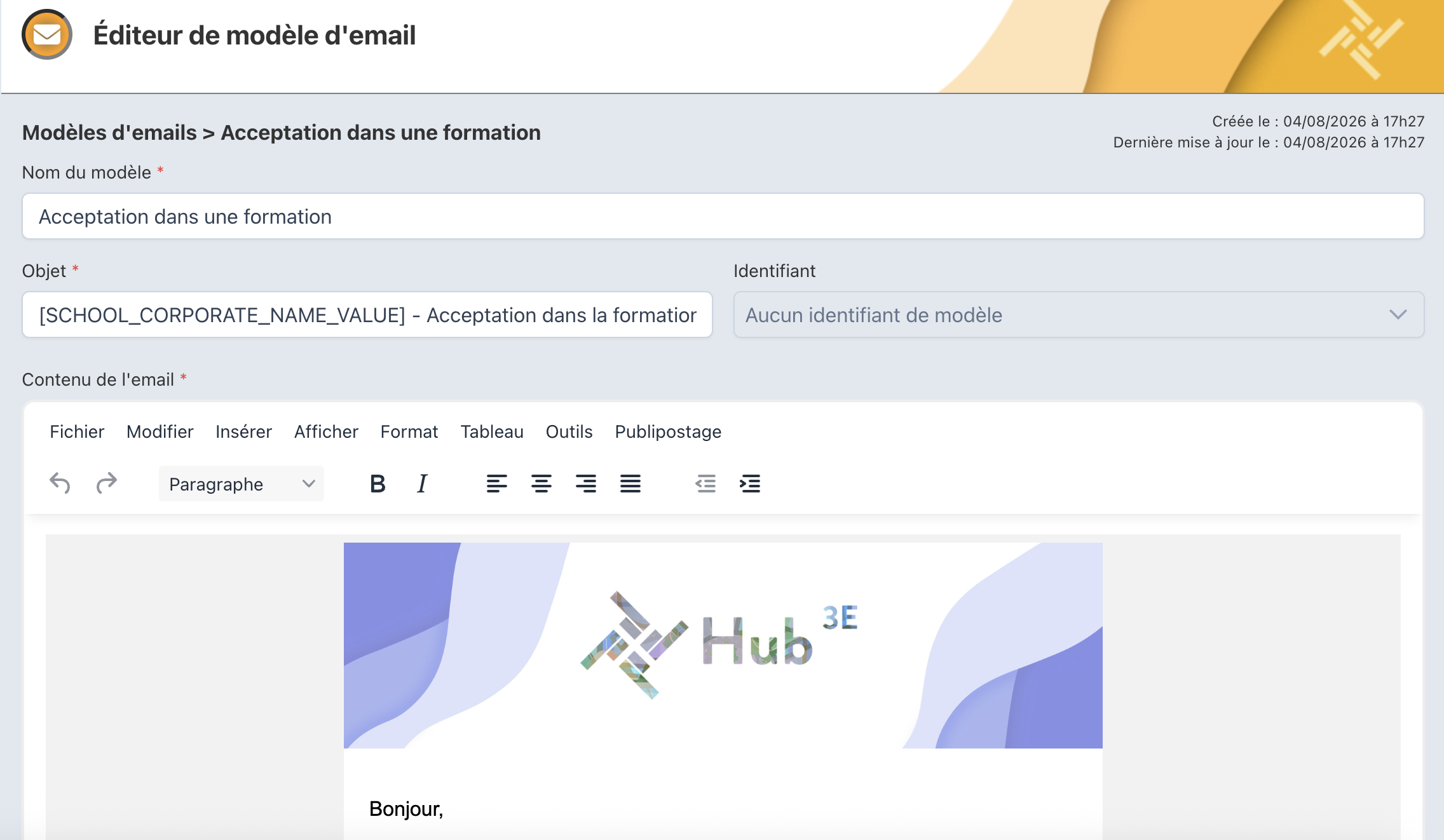 Éditeur de contenu d'un modèle d'email