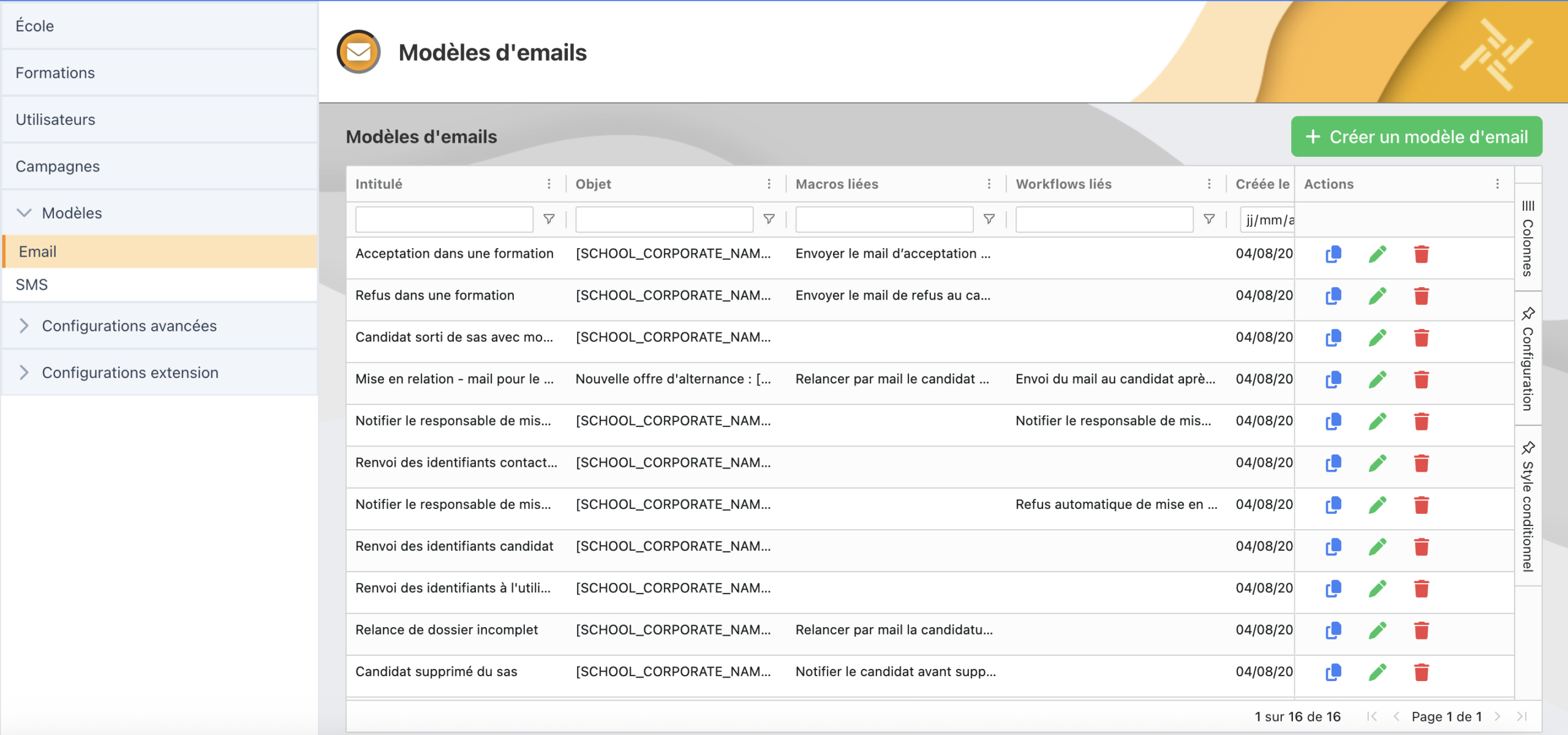 Tableau de gestion des modèles d'emails