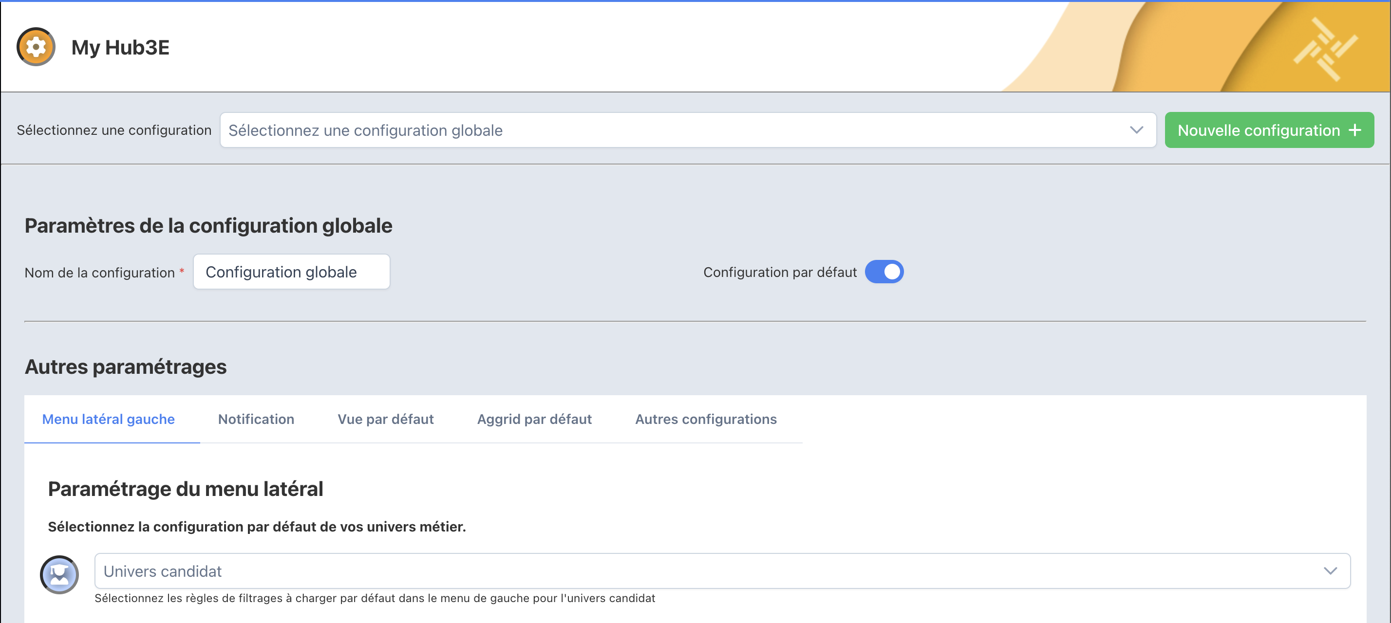 Page de configuration My Hub3E : sélecteur de configuration, création, nom et onglets de réglages