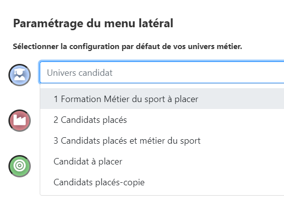 Paramétrage du filtre par défaut du menu latéral pour l'univers candidat