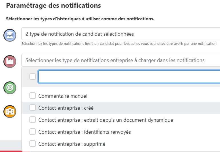 Paramétrage des types de notifications à recevoir par univers