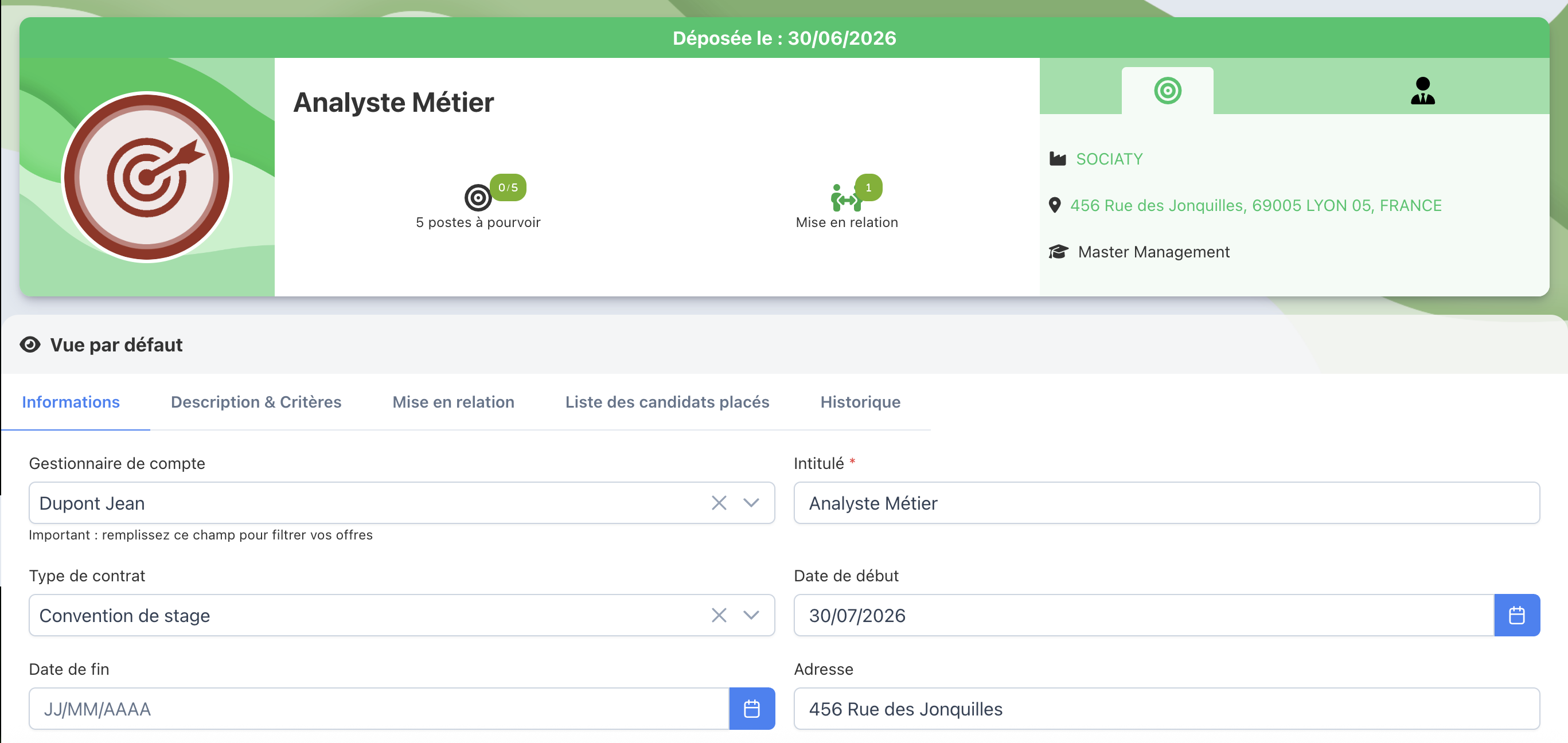 Fiche offre complète avec bandeau, onglets et onglet Informations ouvert