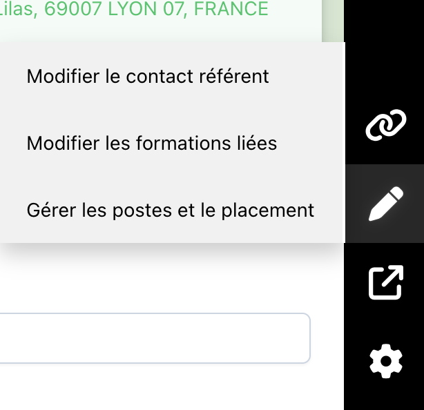 Menu latéral de la fiche offre, icône Modifier ouverte avec les actions Modifier le contact référent, Modifier les formations liées, Gérer les postes et le placement
