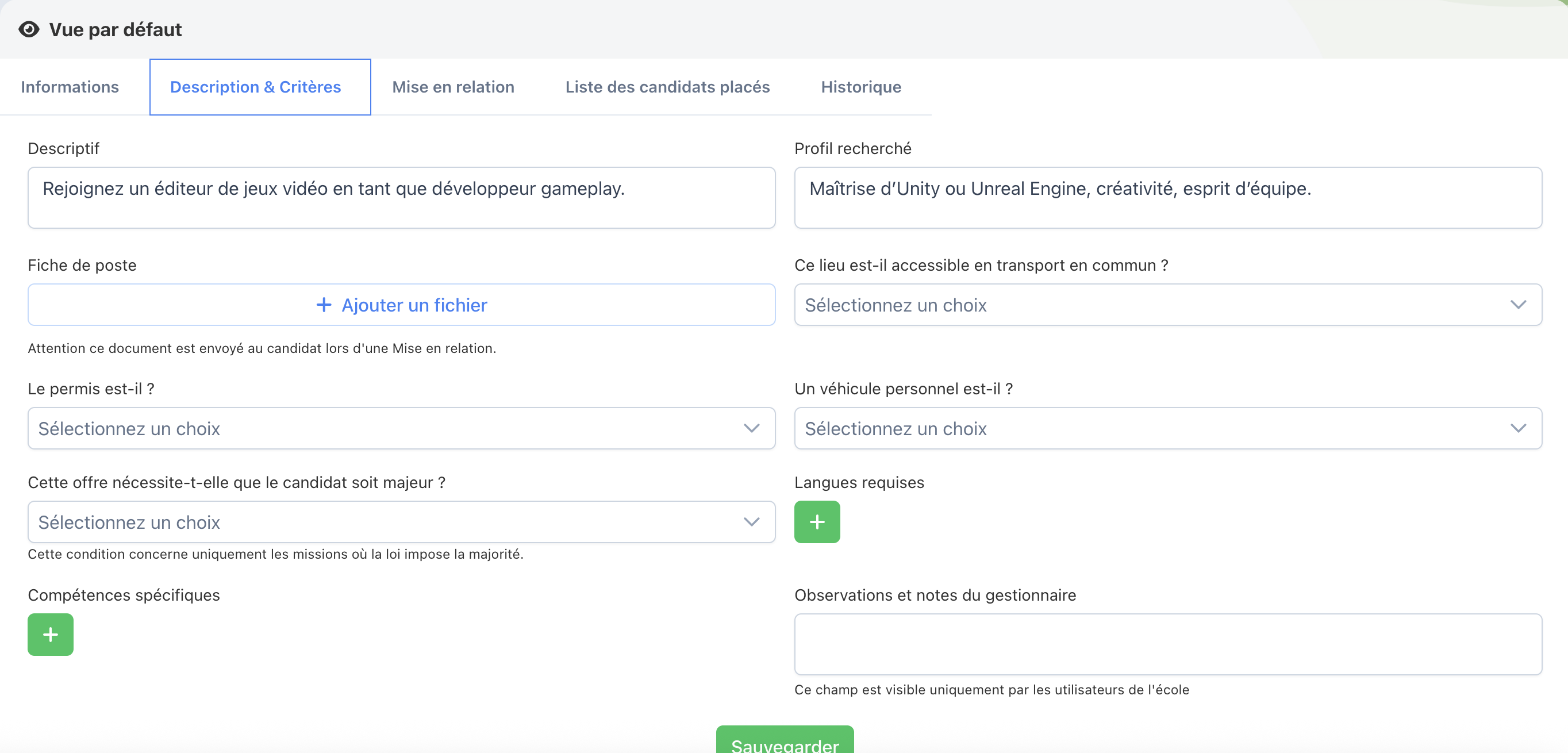 Onglet Description & Critères d'une fiche offre avec descriptif, profil recherché, fiche de poste et critères