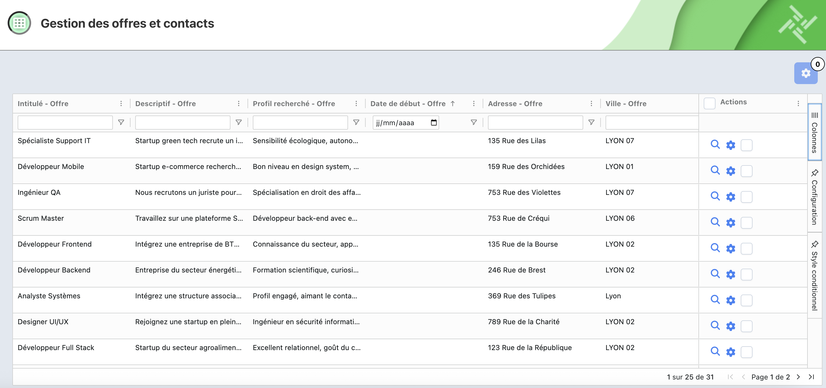Tableau de gestion des offres et contacts, avec colonnes Intitulé, Descriptif, Profil recherché, Date de début, Adresse, Ville et Actions