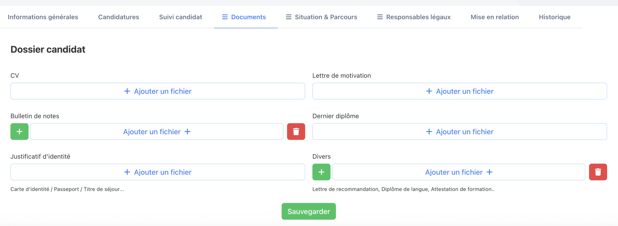 Onglet Documents avec le dossier candidat (CV, lettre de motivation, bulletin de notes, diplôme, justificatif d'identité, divers)