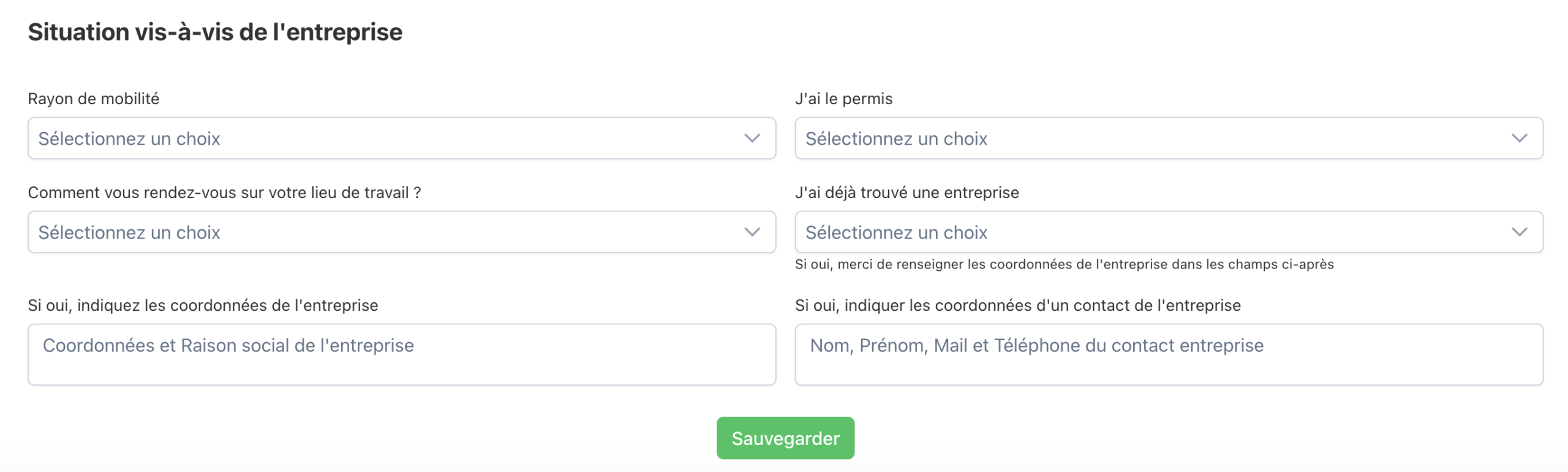 Bloc Situation vis-à-vis de l'entreprise de l'onglet Situation & Parcours