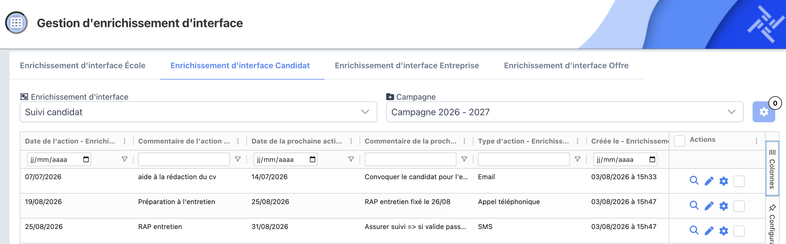 Tableau de gestion de l'enrichissement d'interface Suivi candidat