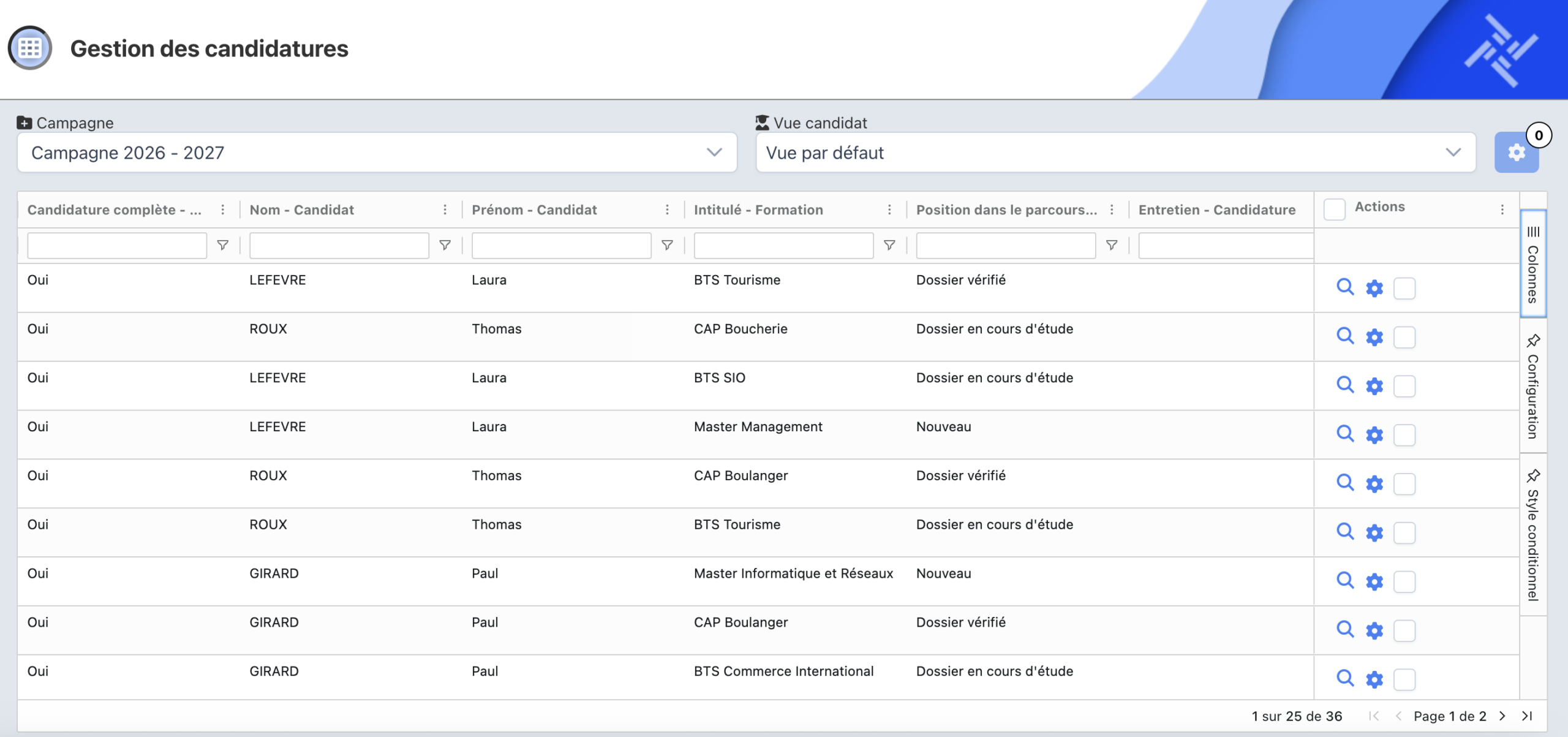 Tableau de gestion des candidatures avec plusieurs candidatures par candidat