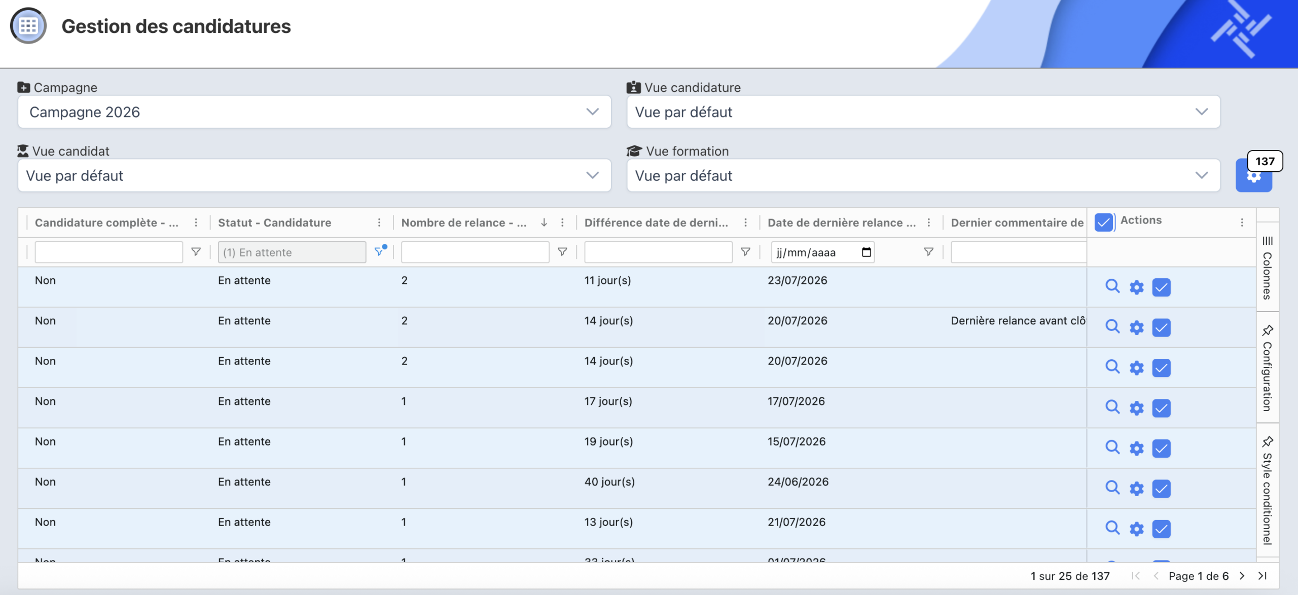 Tableau de gestion des candidatures filtré, avec toutes les lignes sélectionnées pour l'exécution d'une macro