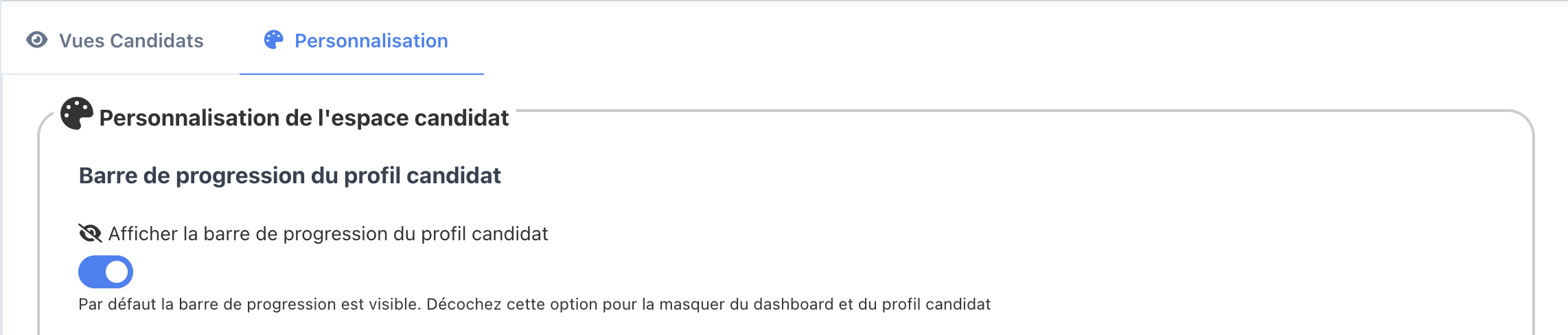 Toggle Afficher la barre de progression du profil candidat, activé par défaut
