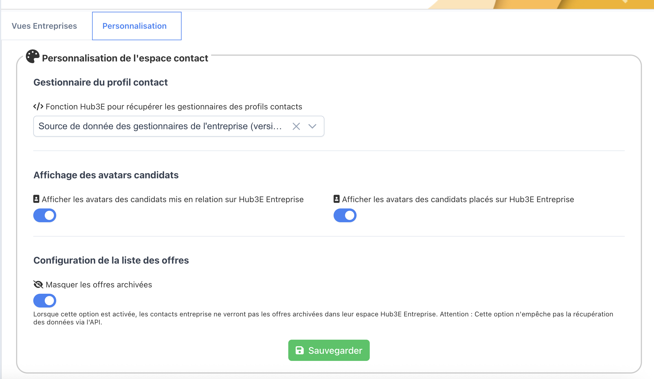 Panneau Personnalisation de l'espace contact avec les 3 blocs Gestionnaire du profil contact, Affichage des avatars candidats et Configuration de la liste des offres