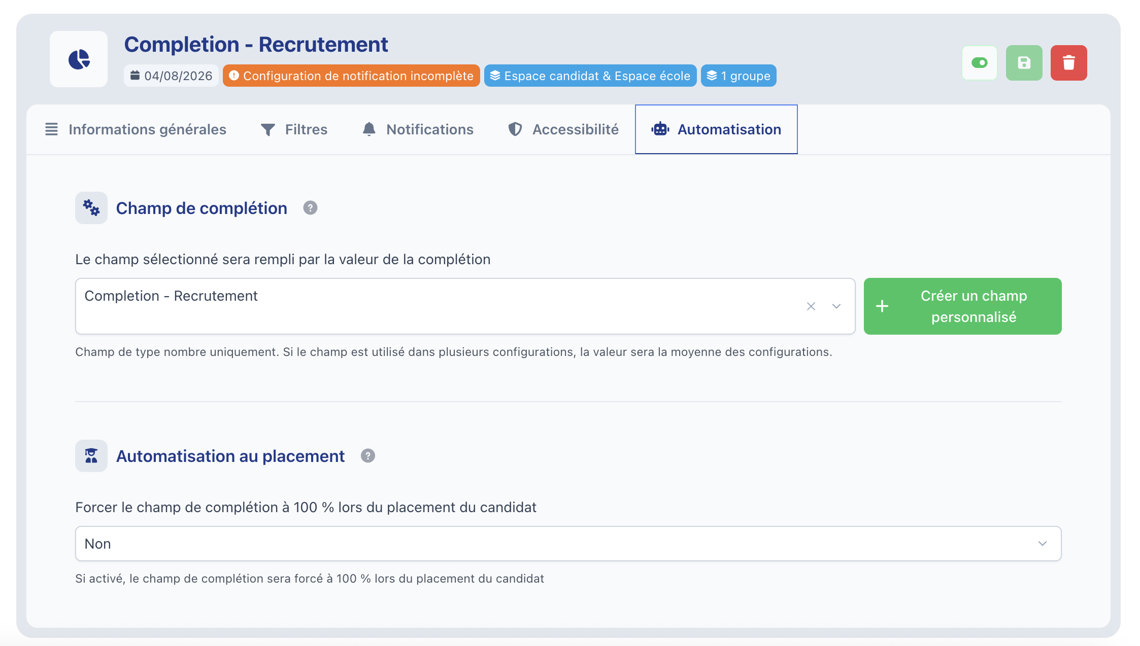 Bloc Champ de complétion et bloc Automatisation au placement
