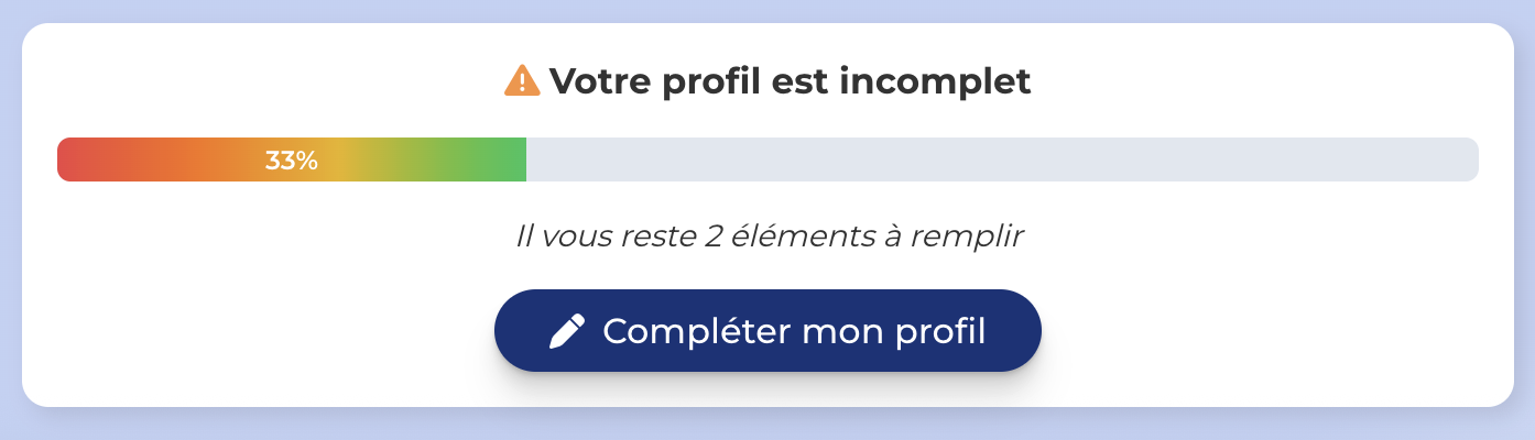 Bandeau Votre profil est incomplet, barre de progression à 33% et bouton Compléter mon profil