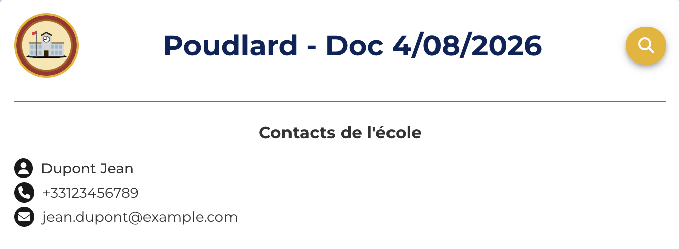 Bloc Contacts de l'école avec nom, téléphone et email du gestionnaire de compte