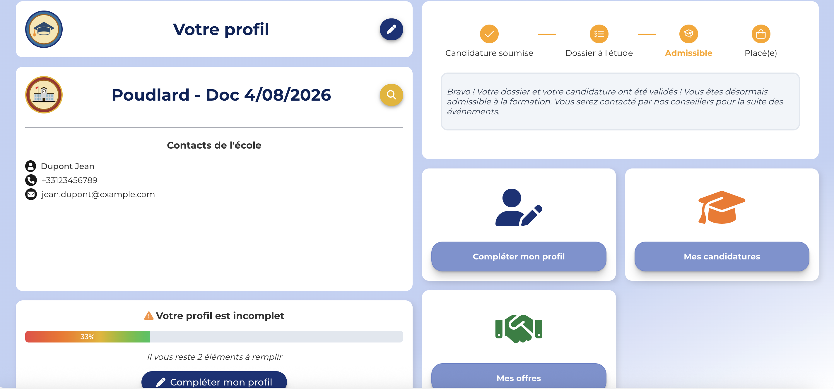Dashboard candidat avec profil, contacts de l'école, indicateur d'avancée de la candidature et barre de progression du profil