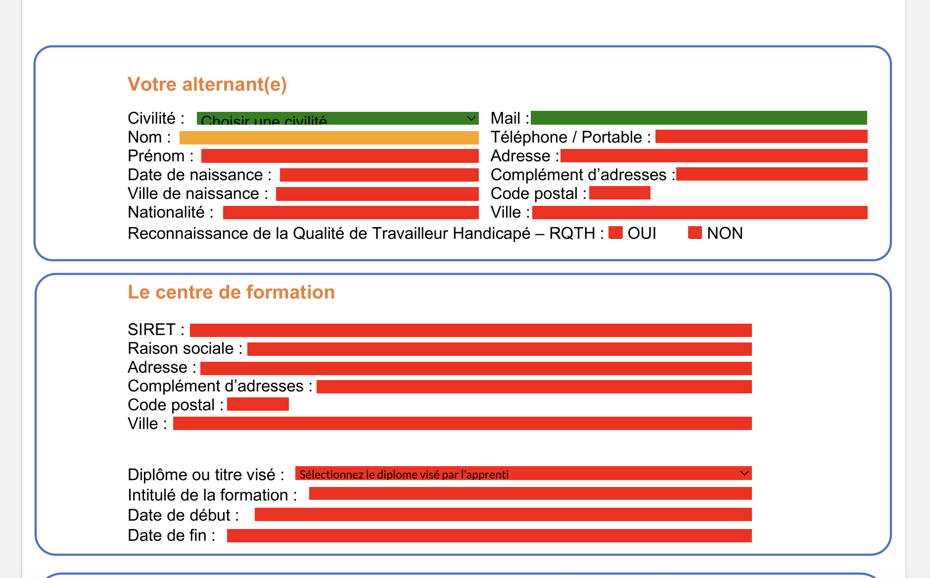 Champs du formulaire PDF en rouge, non configurés