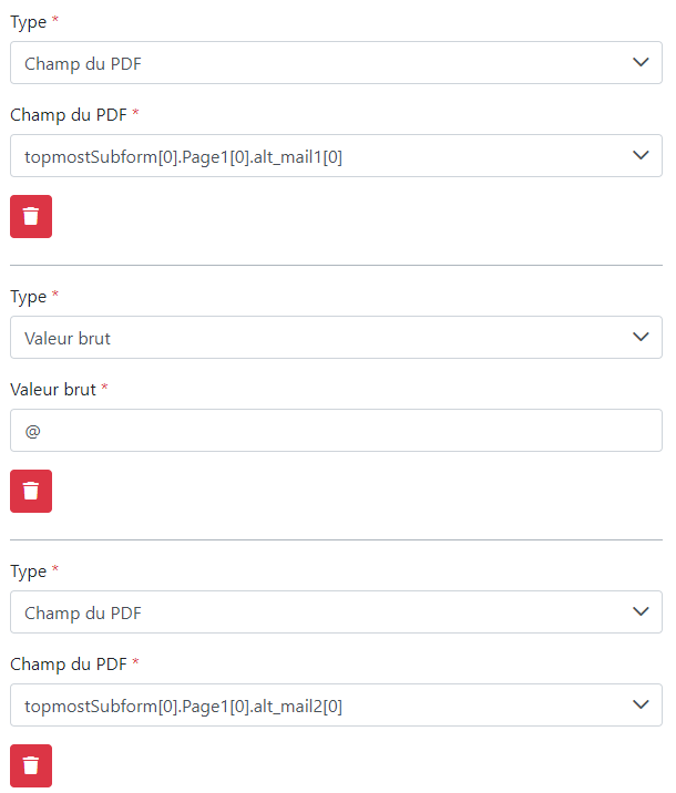 Configuration d'export pour un champ composé : alt_mail1, valeur brute @, alt_mail2