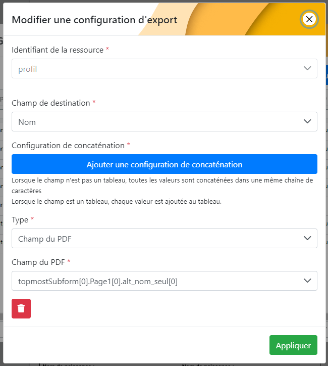 Configuration d'export pour un champ unique, alt_nom_seul vers Nom