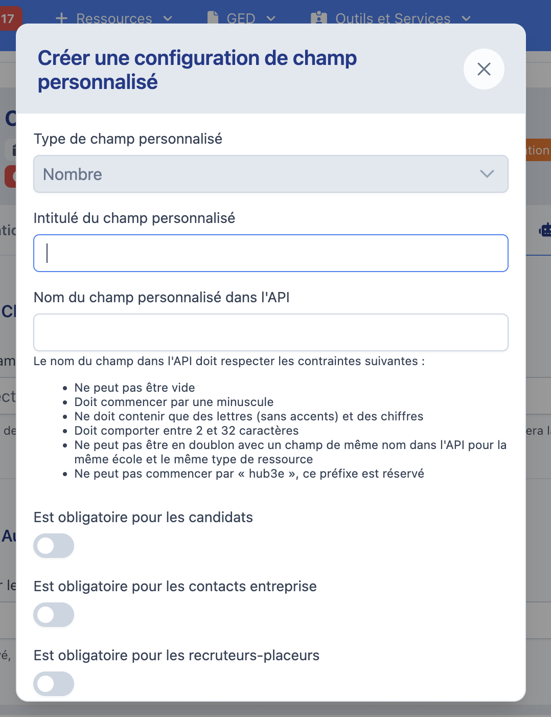Fenêtre de création d'un champ personnalisé de type Nombre
