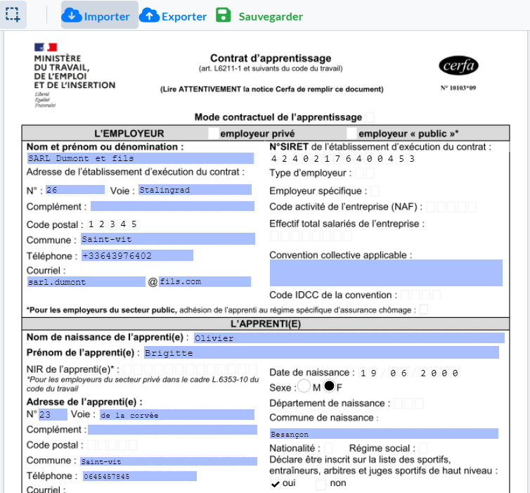 Document dynamique de type Cerfa d'apprentissage rempli après import des données Hub3E