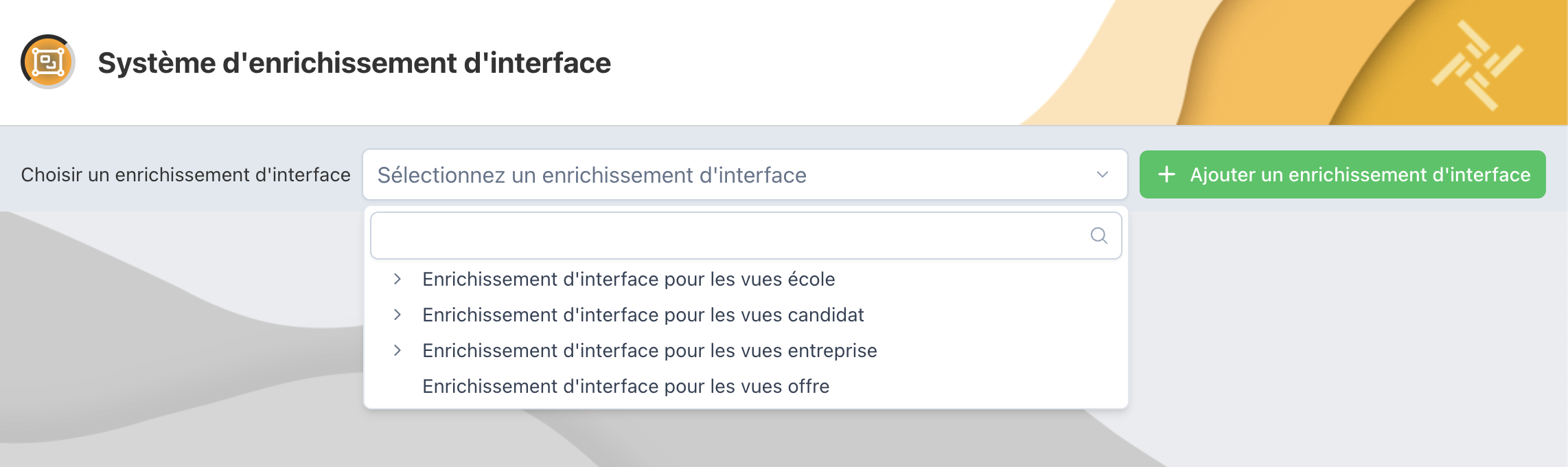 Page Système d'enrichissement d'interface avec la liste des enrichissements existants