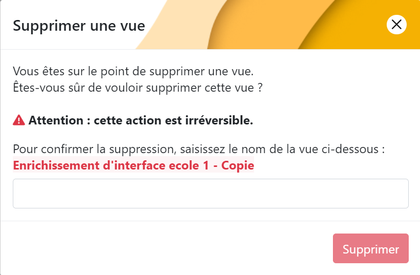 Fenêtre de confirmation de suppression d'une vue