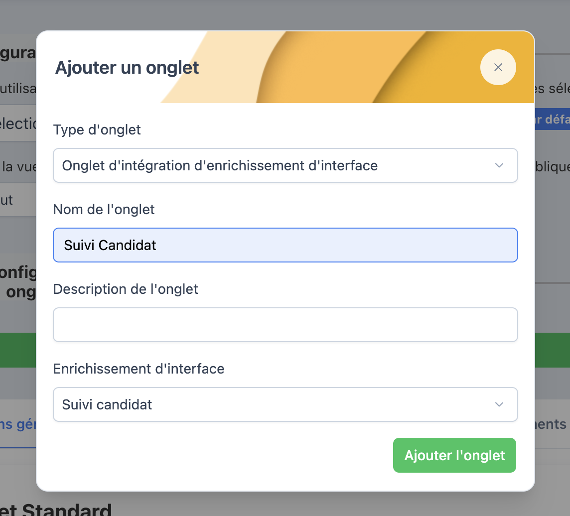 Modale de création d'un onglet d'intégration d'enrichissement d'interface