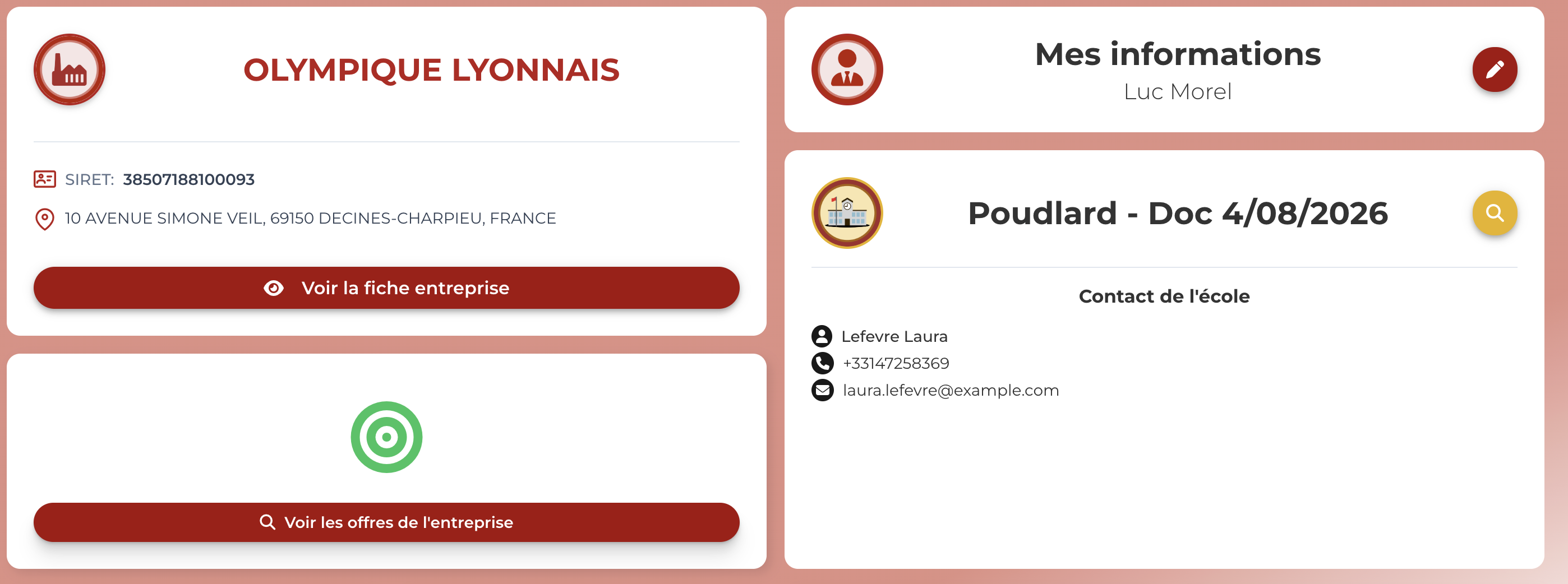Dashboard du contact entreprise avec fiche entreprise, bouton Voir les offres, bloc Mes informations et bloc Contact de l'école