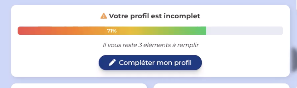 Bandeau Votre profil est incomplet avec une barre de progression à 71 % et le bouton Compléter mon profil