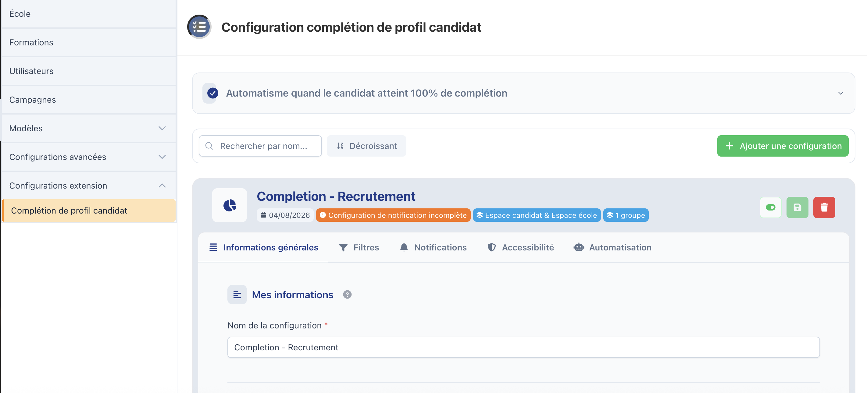 Écran de l'extension avec le bandeau Automatisme, la recherche, le bouton Ajouter une configuration et la carte Completion - Recrutement