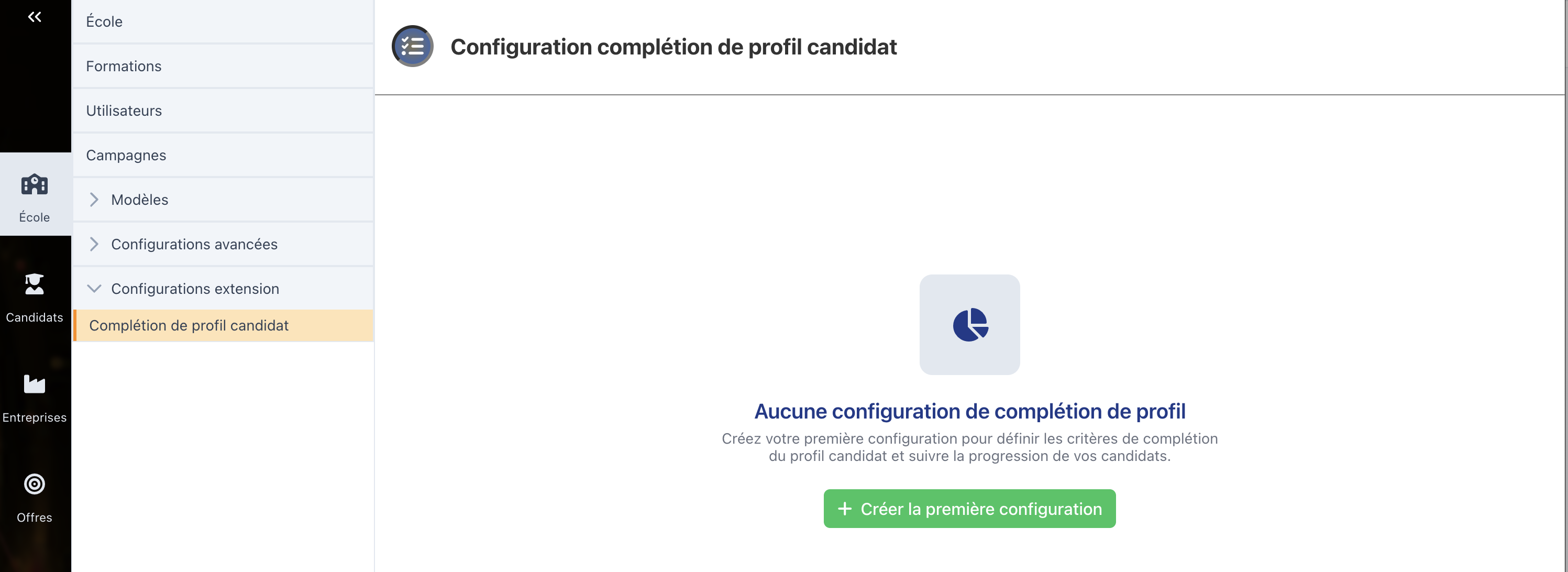 Écran Configuration complétion de profil candidat, aucune configuration créée