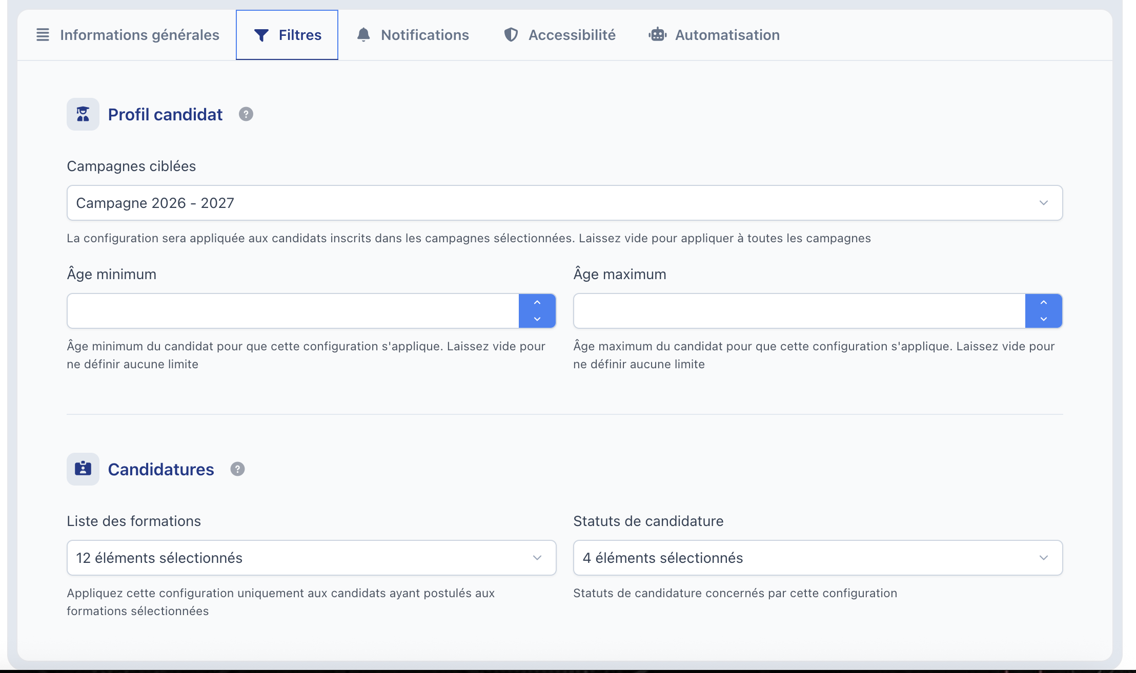 Bloc Profil candidat (campagnes ciblées, âge minimum et maximum) et bloc Candidatures (formations, statuts)