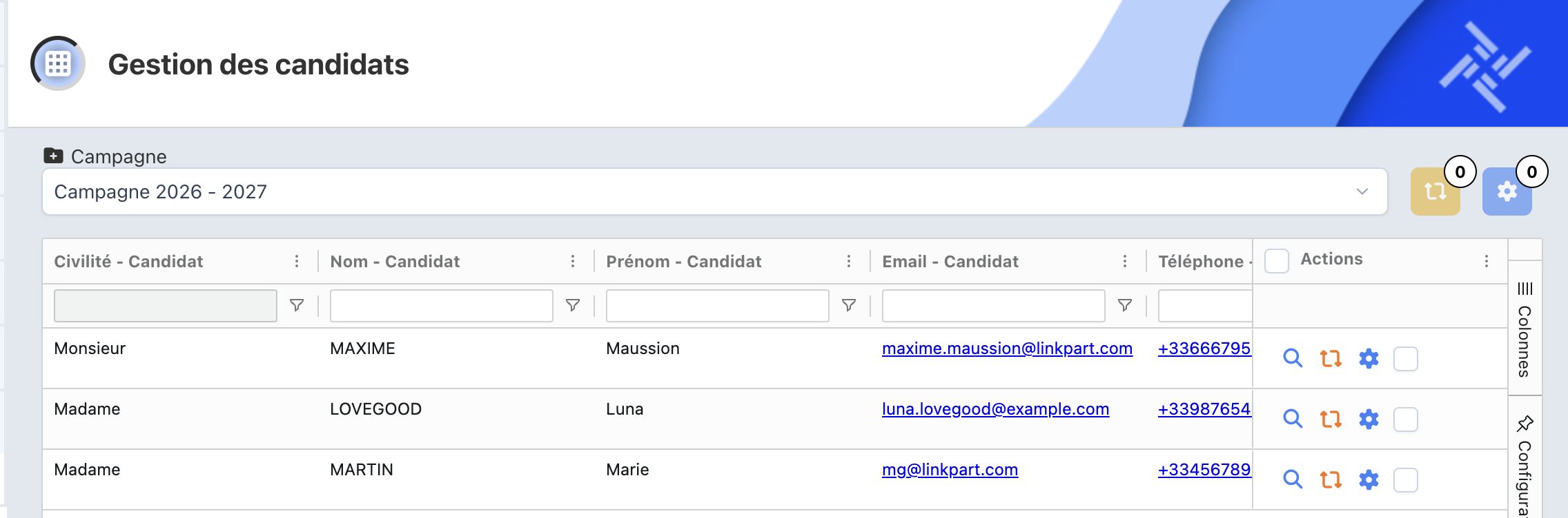 Tableau Gestion des candidats avec l'icône orange de relance dans la colonne Actions et le bouton de relance en masse en haut à droite