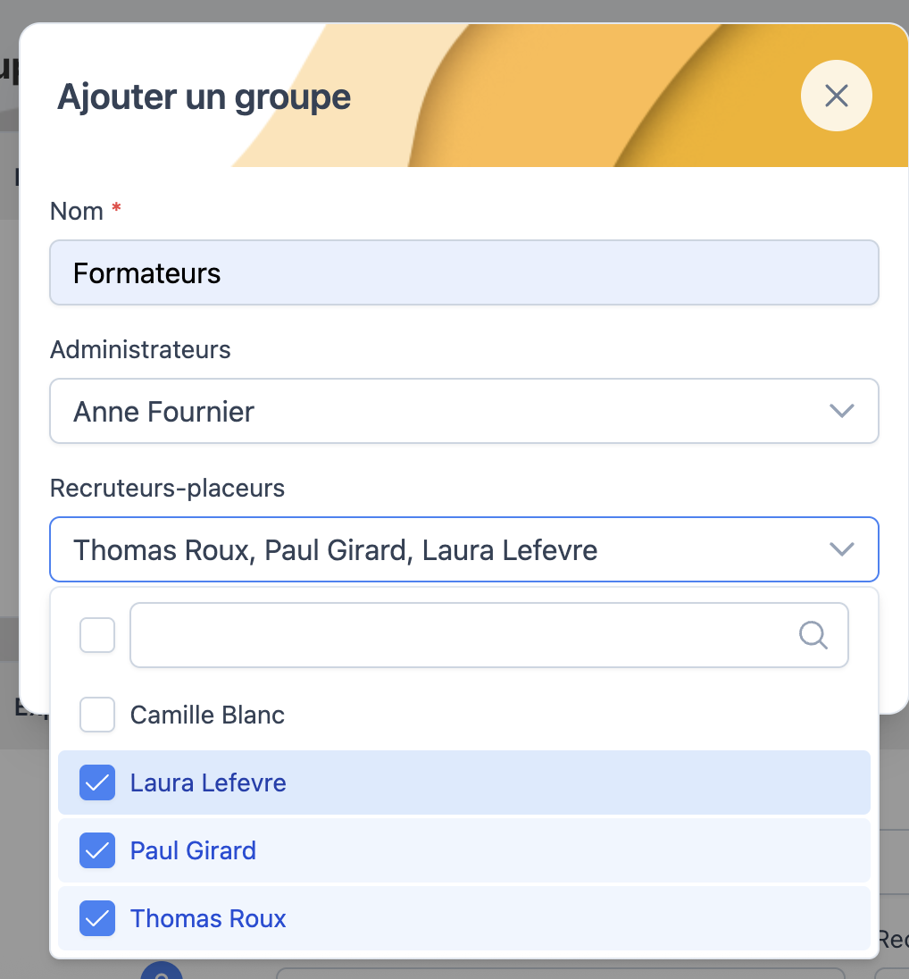 Formulaire de création d'un groupe