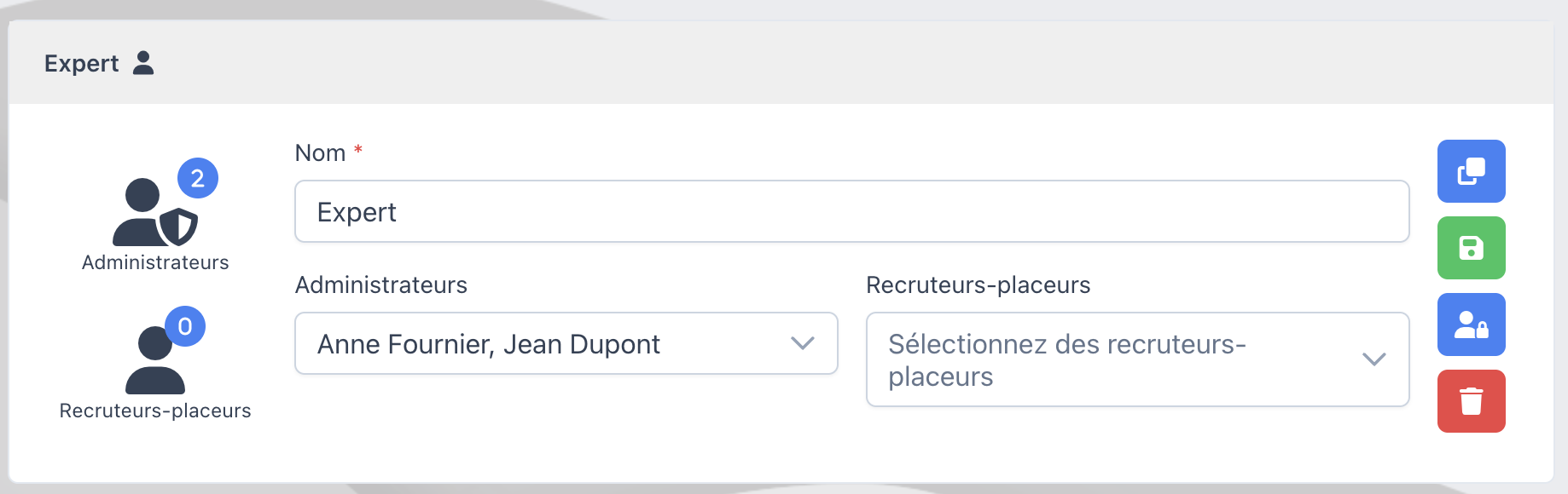 Groupe Expert déplié avec ses administrateurs et ses quatre actions rapides