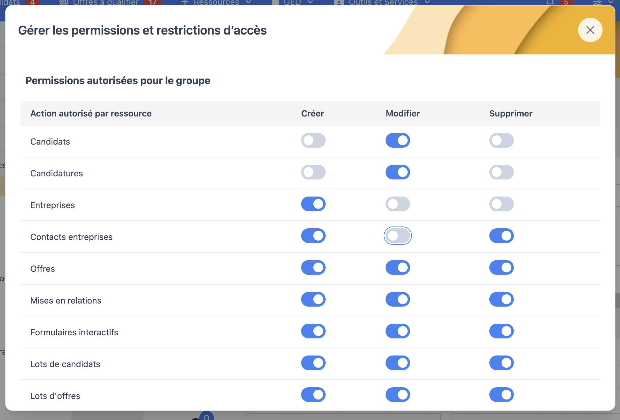 Tableau des permissions Créer, Modifier, Supprimer pour chaque ressource