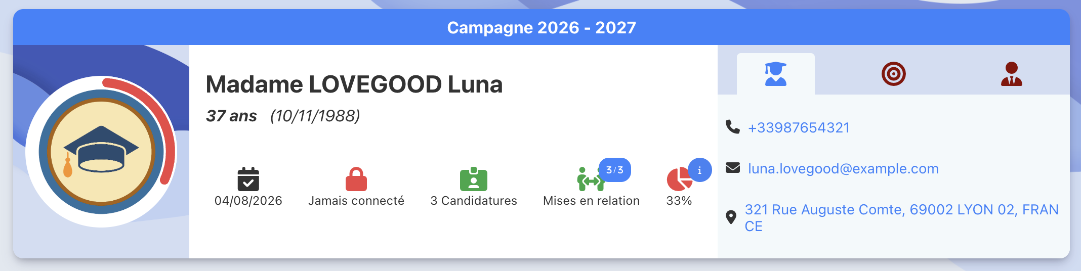En-tête de la fiche candidat avec l'icône de complétion à 33 %