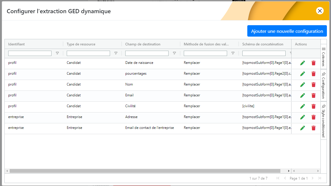 Liste des configurations d'export d'une GED interactive