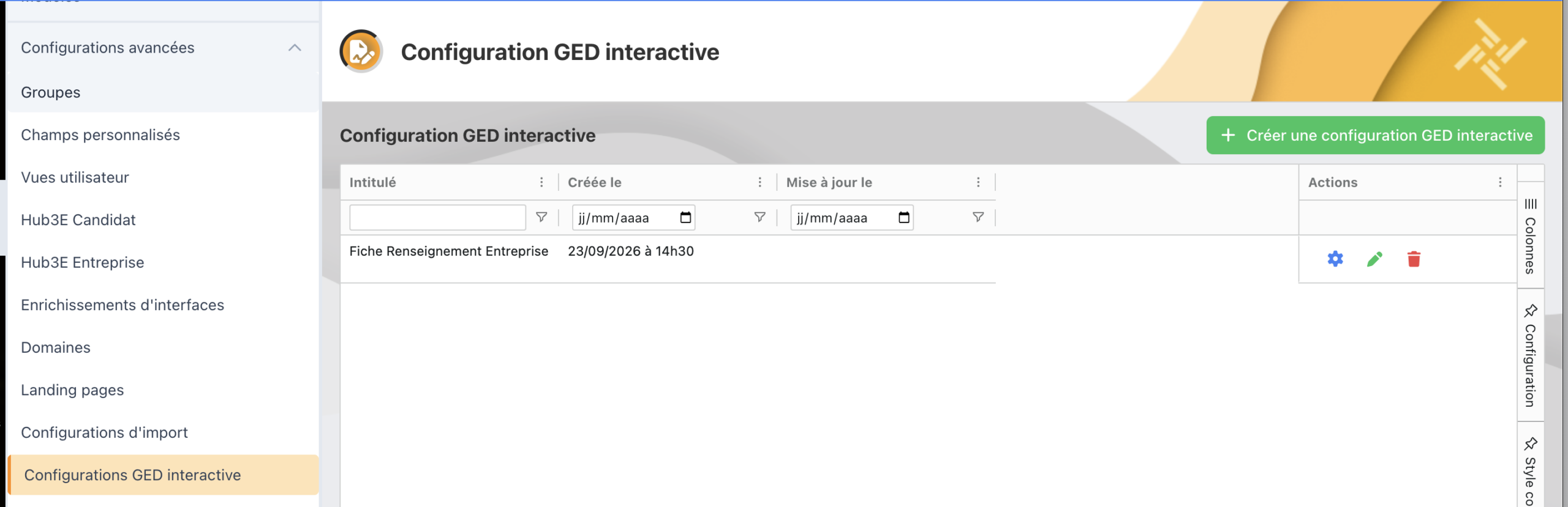 Liste des configurations GED interactive