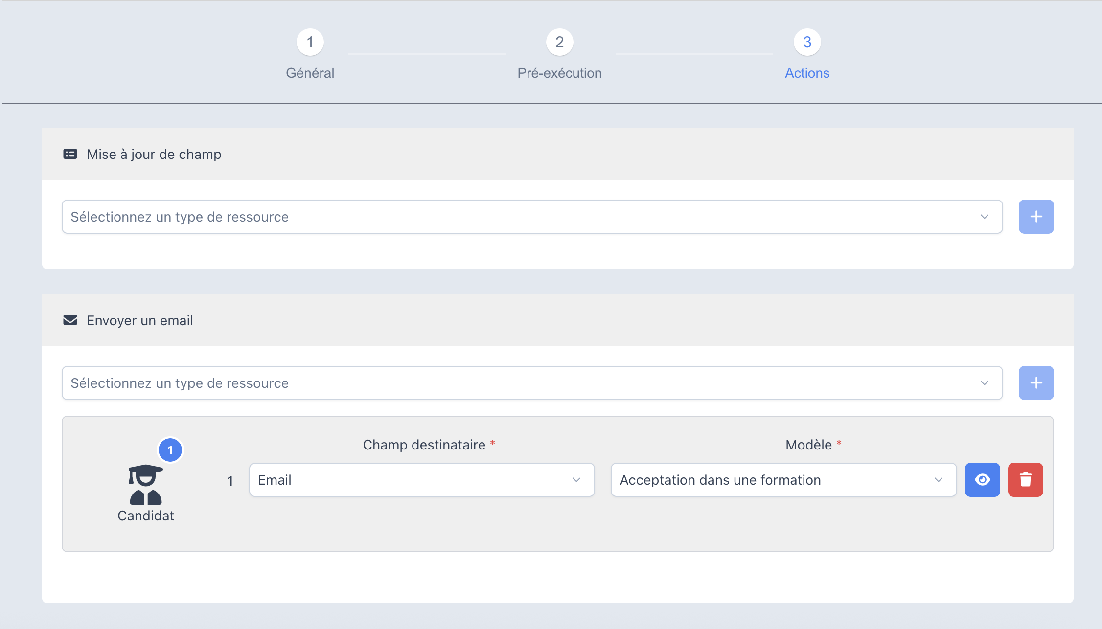 Blocs Mise à jour de champ et Envoyer un email, avec l'envoi du modèle Acceptation dans une formation au candidat