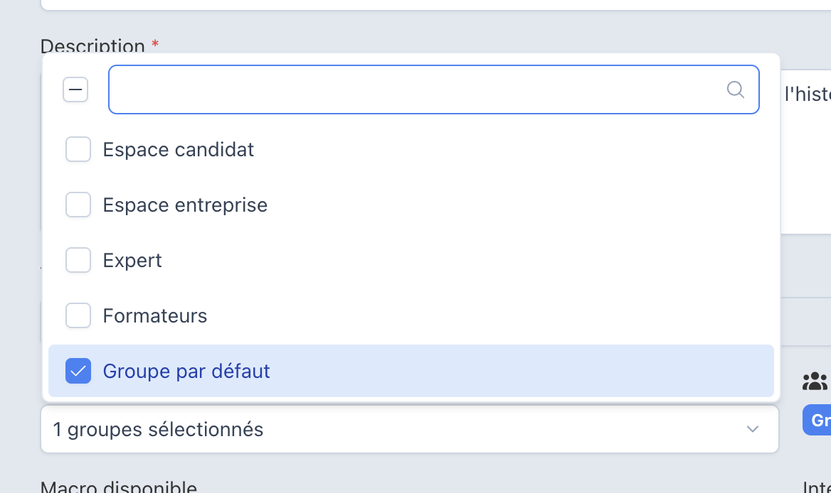 Liste déroulante des groupes d'utilisateurs avec le Groupe par défaut coché