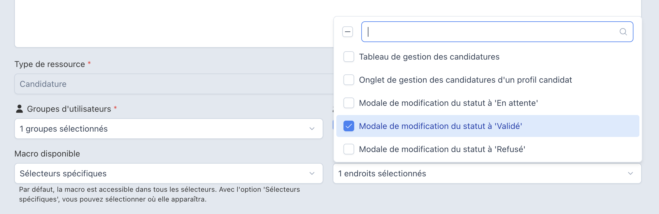 Liste des interfaces disponibles pour une macro de candidature, avec la modale de modification du statut à Validé cochée