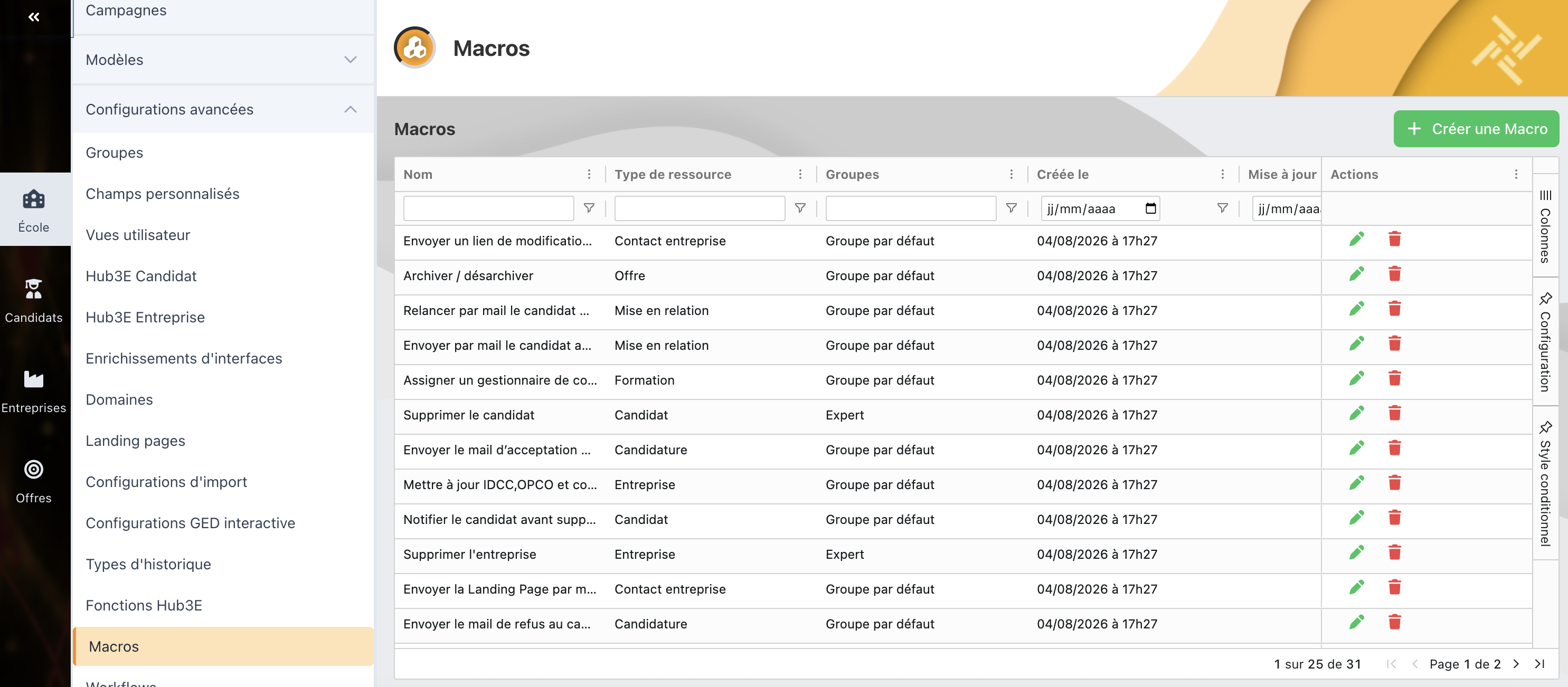 Liste des macros dans Configurations avancées, avec les colonnes Nom, Type de ressource, Groupes, Créée le et Actions