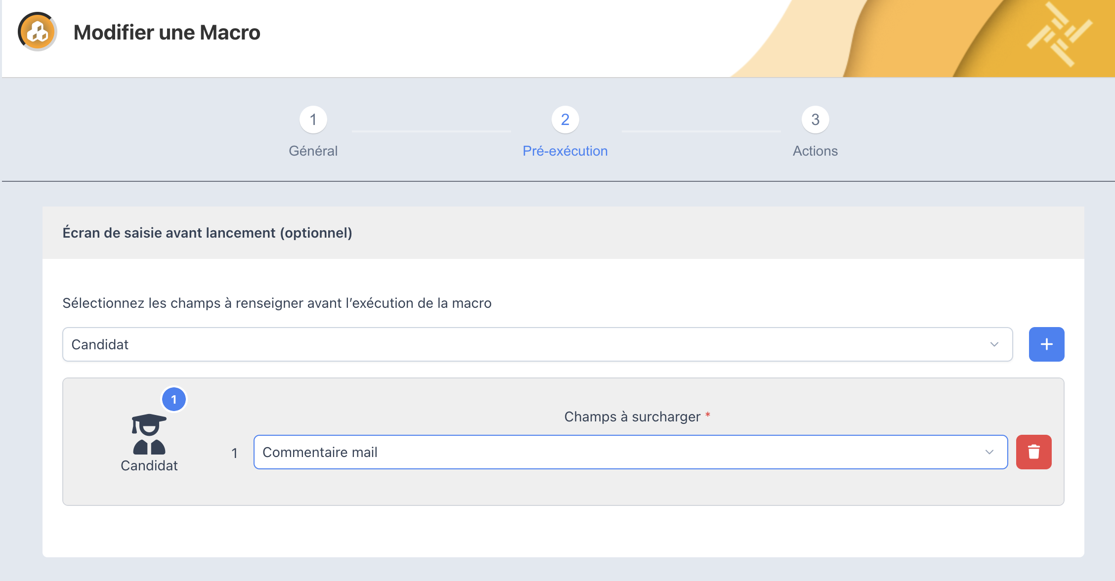 Onglet Pré-exécution : écran de saisie avant lancement avec le champ Commentaire mail du candidat