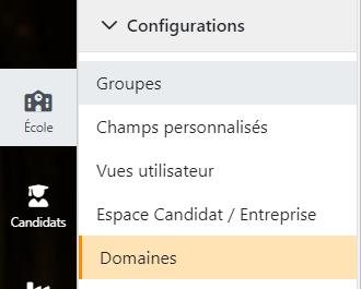 Menu École, sous-menu Configurations, entrée Domaines