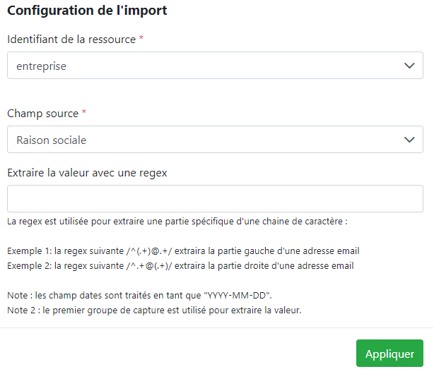 Configuration de l'import : identifiant entreprise, champ source Raison sociale